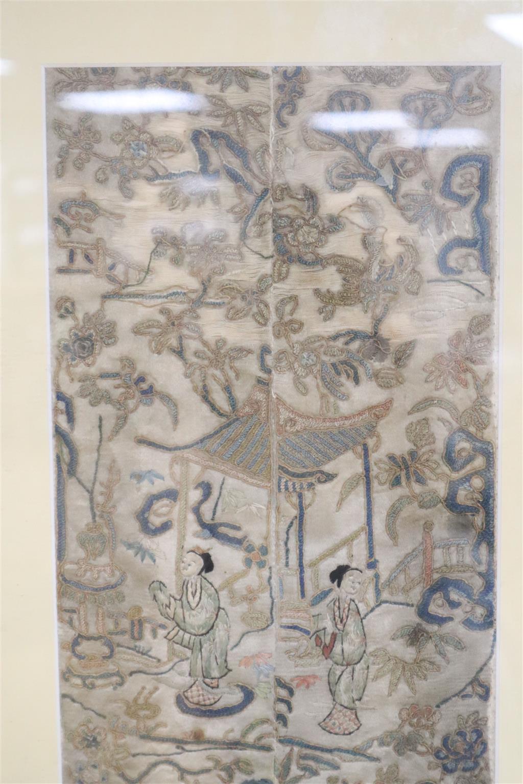 A Chinese embroidered sleeve, 15 x 47cm, framed